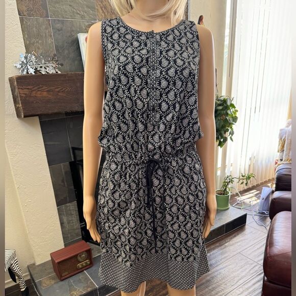 Lou & Grey black and white drawstring waist paisley dress with pockets! Sz L - Picture 2 of 13